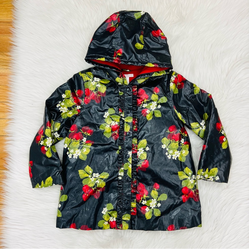 NWOT! Janie and Jack Strawberry Print Cotton Lined Snap Button Rain Coat Girls 6